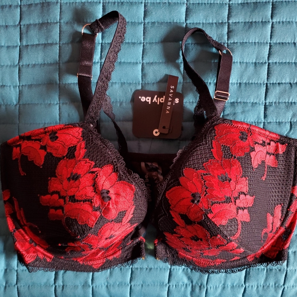 Red and black lace bra